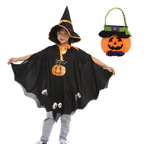 EVURU Halloween Kostüm Kinder, Kürbis Kostüm Mädchen, Halloween Fledermaus Umhang mit Hut+Kürbisbeutel, Geeignet für Höhe 90-150cm (Schwarz) von EVURU