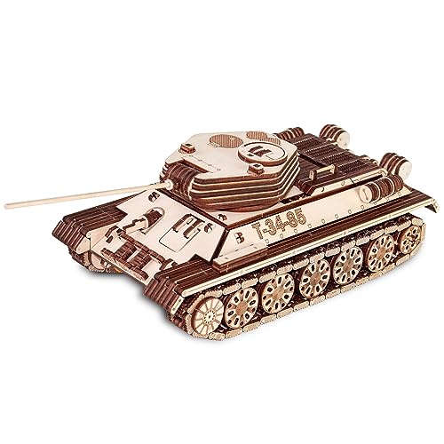 EWA Eco-Wood-Art 3D Puzzle Erwachsene 3D Holzpuzzle mit Gummibandmotor, Rädern & rotierender Kanone 965 Teile DIY Holzpanzer Modellbausatz T-34-85 Erwachsene & Jugendliche 14+ von EWA Eco-Wood-Art