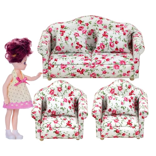 EWFAS Miniaturmöbel, Puppenhauscouch,Moderner Sessel mit Kissen - Lesestuhl mit Blumenmuster und Stoffrahmen aus Holz, Wohnzimmermöbel-Zubehör für Puppenhaus, Feengarten-Dekoration von EWFAS