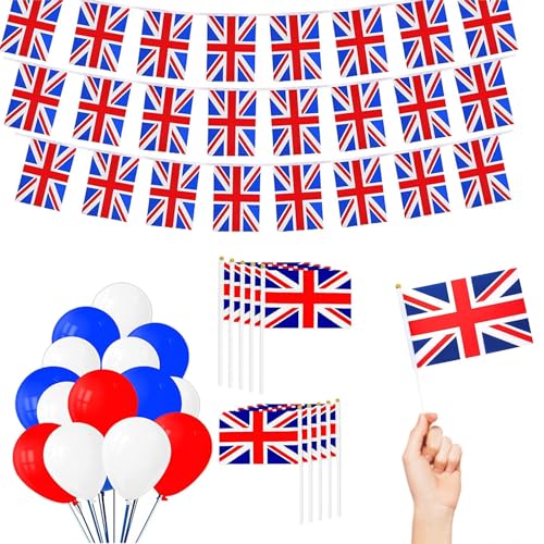Partydekorationsset mit Union Jack-Motto | 105 Stück britische Party-Flagge, Banner, Luftballons, Dekoration,Patriotisches Partyzubehör, kreative Ballondekorationen für drinnen, Garten, Ewfas von EWFAS