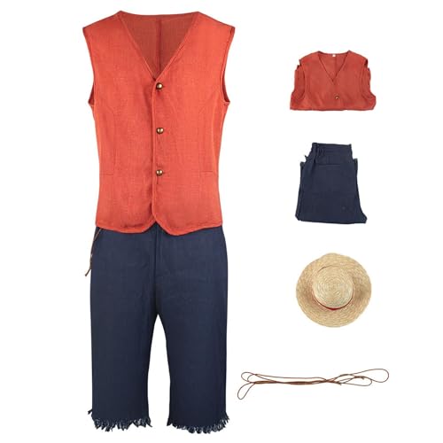 EWOKE Monkey D. Luffy Cosplay Kostü | Anime One-Piece Cosplay Halloween Party Dress Up Anzug Mit Strohhut Für Erwachsene | Rollenspiel Uniform Top Hose Full Set Für Luffy Cosplay-Enthusiasten von EWOKE