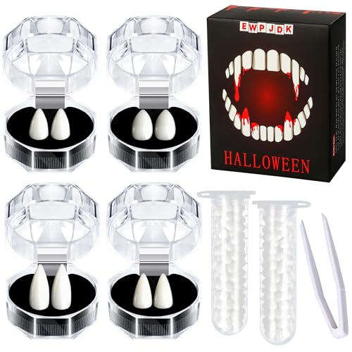 EWPJDK Vampirzähne 4 Größen Halloween Dekorationen Party Cosplay Requisiten 4 Paar Vampirzähne Gefälschte Zähne mit Kleber Halloween Weiß Gefälligkeiten Zubehör Geschenk von EWPJDK