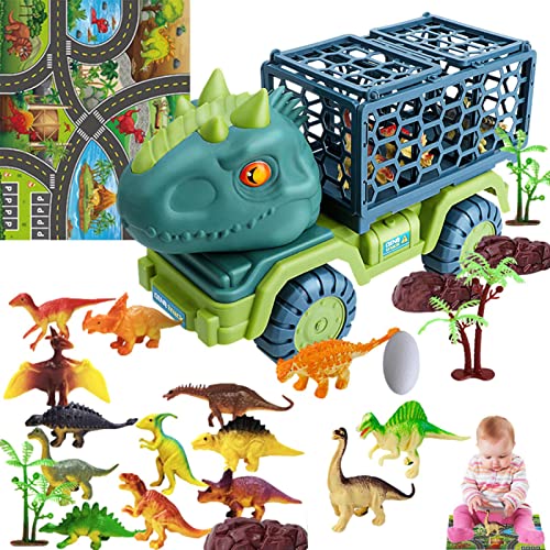 EXBERT Dino LKW, Fangen Spielset für Jurassische Dinosaurier | Dinosaur Toys 15 Dino Figuren, Spielmatte für Aktivität, Baum, Stein, Ei, Tyrannosaurus Transport Auto LKW Bisarca von EXBERT