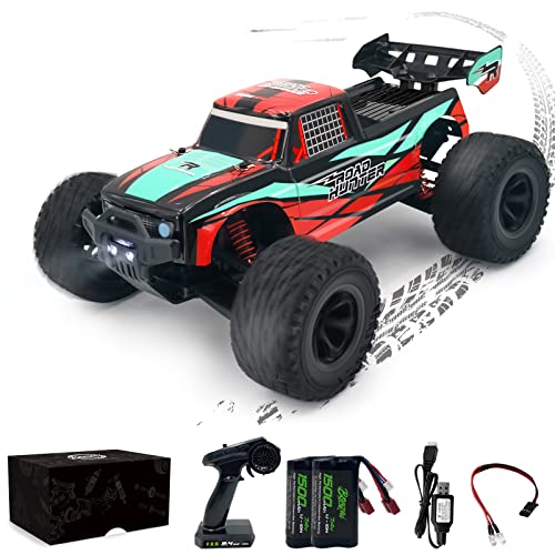 EXBONZAI Ferngesteuertes Auto 1:12 RC Auto Pick-up Truck Car LKW 48km/h Ferngesteuertes Spielzeug Alle Terrains für Erwachsene und Kinder 2.4GHz 4WD Gebürstet RTR Mit LED Licht 2 Akku(Schwarz Rot) von EXBONZAI