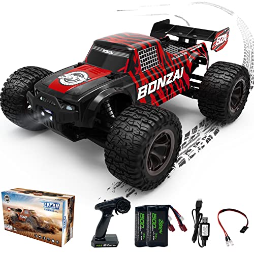 EXBONZAI Ferngesteuertes Auto 1:12 RC Auto Pick-up Truck Car LKW Crawler 48km/h Ferngesteuertes Spielzeug Alle Terrains für Erwachsene und Kinder 2.4GHz 4WD Gebürstet RTR Mit LED Licht 2 Akku(Rot) von EXBONZAI