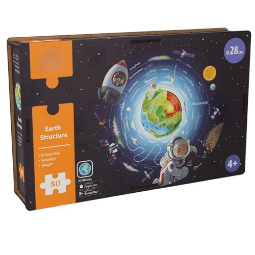 EXERZ 80-teiliges Holzpuzzle, rund, Durchmesser 28 cm, „Erde und Weltraum“, einzigartige runde Form, interaktive AR-Funktion für Weltkarte mit kostenloser iOS-App von EXERZ