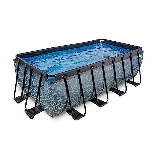 EXIT TOYS Stone Pool - 400x200x122cm - Großer, Rechteckiger Rahmenpool mit Sandfilterpumpe - Extra tiefer Pool - Starker Rahmen - Inklusive Poolleiter - Einzigartiges Design - Grau von EXIT TOYS