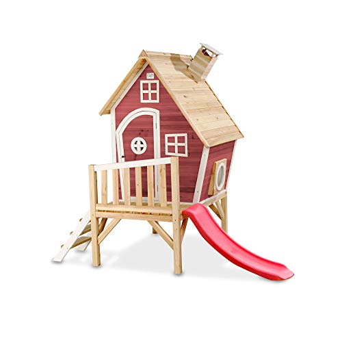 EXIT Toys Fantasia 300 Holzspielhaus für Draußen - Mit Rutsche, Treppe und Schornstein - Gartenhaus aus Holz für Kinder - Einfache Montage - 100% FSC Zedernholz - 246x166x227cm - Rot von EXIT TOYS