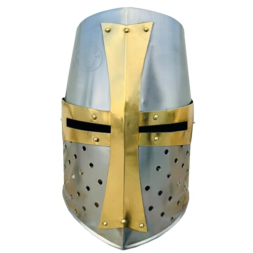 EXNOT Mittelalter Helm Stahl und Messing Perforiertes Visier 30cm Höhe Mittelalter Ritter Messing Kreuzritter Helm Halloween Kostüm von EXNOT