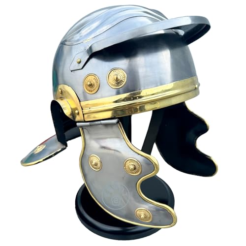 EXNOT Roman Centurion Mittelalter Ritter Helm Krieger Rüstung Silber und Gold mit schwarzem Ständer 35cm Lederstreifen Gürtel Halloween Kostüm von EXNOT