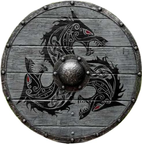 Wikinger Schild Mittelalter Fenrir Grau Wolf Schild Authentic Bettleworn Viking Battle Ready Shield Handmade Battle Warrior Shield Voll funktionsfähiger Schild für Kampf 61cm Durchmesser von EXNOT