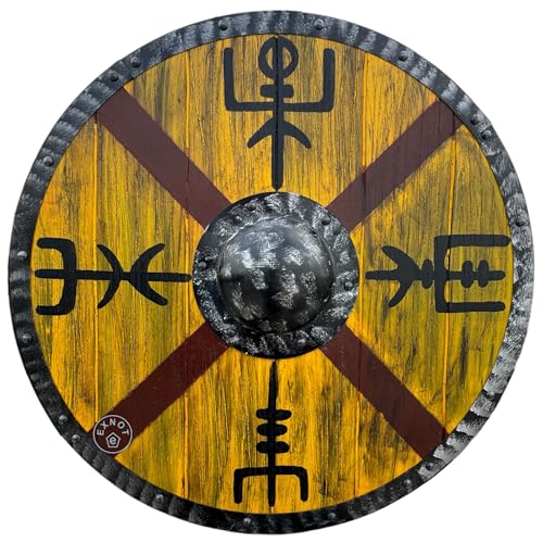 Wikinger Schild Wanddekoration, 61 cm, gelbes und braunes Holzdesign, authentisches königliches Haar, Wikingerschlachten, 61 cm, handgefertigt, antikes Finish von EXNOT