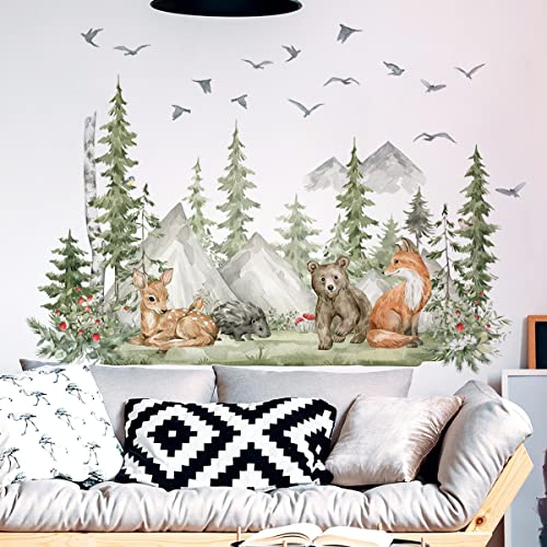 EXQUILEG Wandtattoo Waldtiere Baum Wandaufkleber Bär Fuchs Hirsch Wandsticker für Babyzimmer Kinderzimmer Schlafzimmer Wanddeko (A) von EXQUILEG