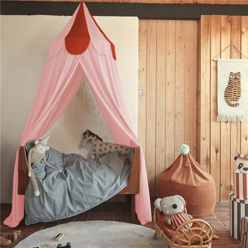 Moskitonetz Betthimmel Madchen Jungen Kinder Babybett, Rund Baldachin Mückennetz für Kinderbett Himmelbett Vorhänge, Schlafzimmer Dekoration Spielzelte Kinder Geschenk, Ohne Bohren (Lotuswurzel Rosa) von EXQUILEG