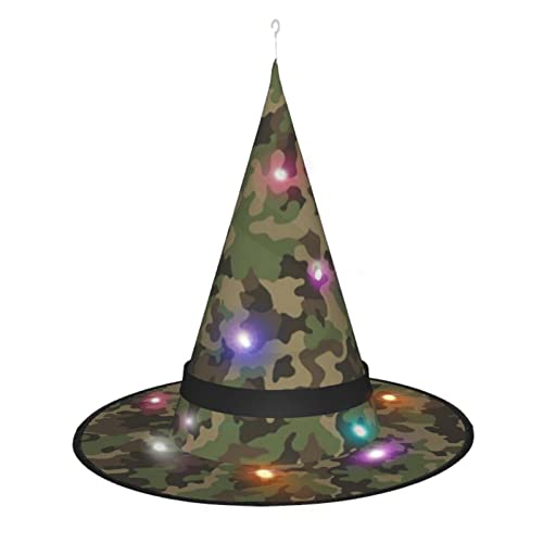 EZDLOWVBA Hexenhut mit grünem Camouflage-Druck, Halloween-Hexenhut, LED-beleuchteter Hexenhut mit 3 Beleuchtungsmodi, Innen- und Außenbereich, Garten, Terrasse, Party-Dekoration von EZDLOWVBA