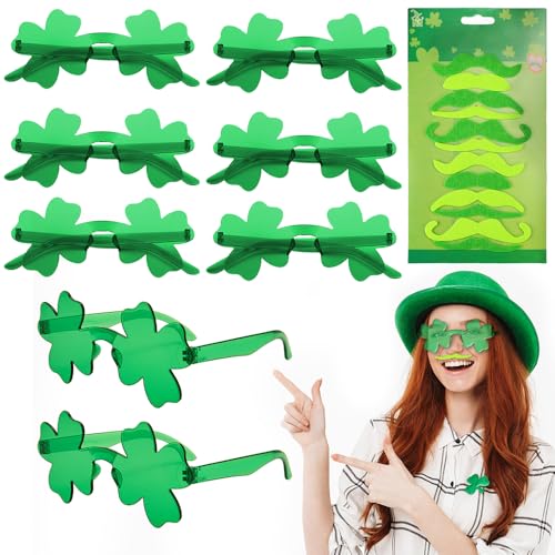 EZGETOP 8 Paar St. Patricks Day Kleeblatt-Sonnenbrille, vierblättriges Kleeblattglas mit grünen Schnurrbärten für St. Patrick's Day Party-Dekorationen Verkleidungs-Kostüme von EZGETOP