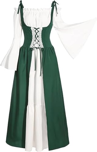 Mittelalter Renaissance Kostüme Kleid Damen Gothic Kleidung Steampunk Vintage Kleider Karneval Kostüm Piraten Cosplay Outfit mit Kopf Kette Blumenkranz Elfenohren für Fasching Halloween (Grün, XXL) von EZGETOP