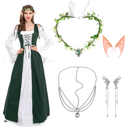 Mittelalter Renaissance Kostüme Kleid Damen Gothic Kleidung Steampunk Vintage Kleider Karneval Kostüm Piraten Cosplay Outfit mit Kopf Kette Blumenkranz Elfenohren für Fasching Halloween (Grün, XL) von EZGETOP