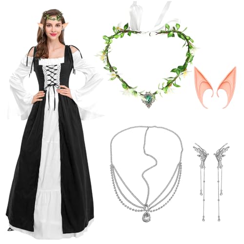 Mittelalter Renaissance Kostüme Kleid Damen Gothic Kleidung Steampunk Vintage Kleider Karneval Kostüm Piraten Cosplay Outfit mit Kopf Kette Blumenkranz Elfenohren für Fasching Halloween (Schwarz, M) von EZGETOP