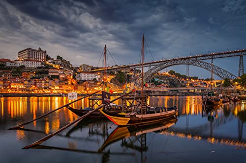 Klassisches Puzzle 1000 Teile, Nachtansicht des Flusses in der Stadt Porto, Portugal, 38 x 26 cm von EZMLFA