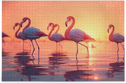 Puzzle 1000 Teile Flamingo-Sonnenuntergangsdruck mit Aufbewahrungstasche mit alphabetischer Trennung, leicht zu lösen, für Erwachsene, 52 x 38 cm von EZMLFA