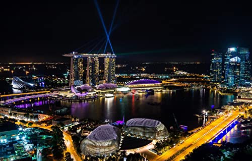 Puzzle 2000 Teile Weltkarte Stadt Meer Küste BAU Straße Singapur Brücke Metropole Spotlight Marina Bay Sands 70x100CM von EZMLFA