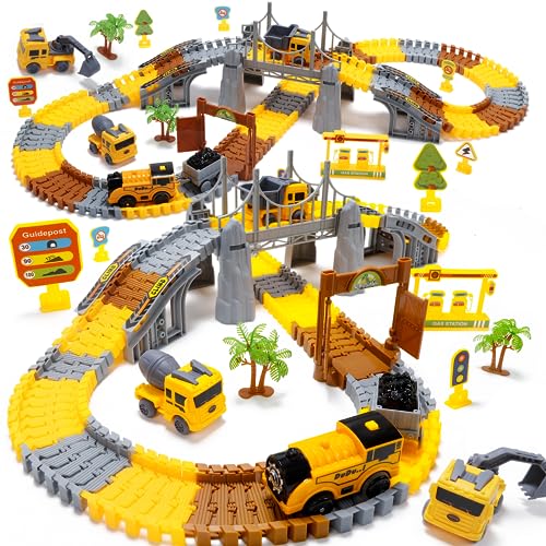 Construction Toys Race Track Set 178 PCS für Kinder, Flexible Zugspuren mit 1 elektrischen Zug, Bagger, Zement LKW, Loading Truck Engineering Vehicle Playset von EagleStone