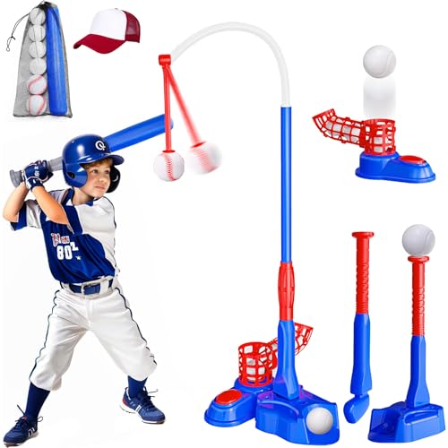 EagleStone 4-in-1-T-Ball-Set für Kinder 3-5/5-8, Tee-Ballständer, hängendes Tee, Ballwerfer und Golf, Tball-Set mit 6 Softbällen, Baseball-Outdoor-Sportspielzeug für 2 3 4 5 6 Jahre alte Jungen und von EagleStone