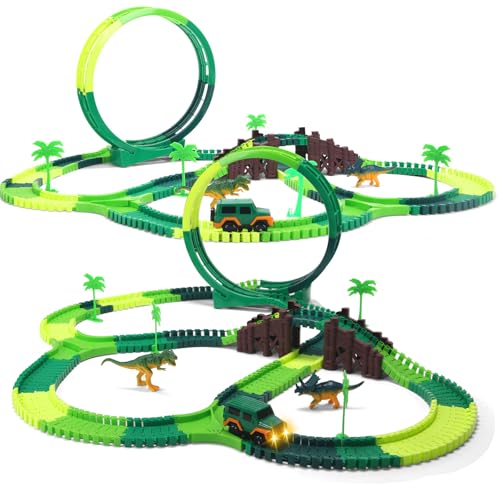 EagleStone Dinosaurier Spielzeug Race Track Set 245 PCS für Kinder, Flexible Zugspuren mit 2 Dinosaurier, 1 360°Track, 1 Elektroauto Fahrzeug Spielset mit LED Lichtern von EagleStone