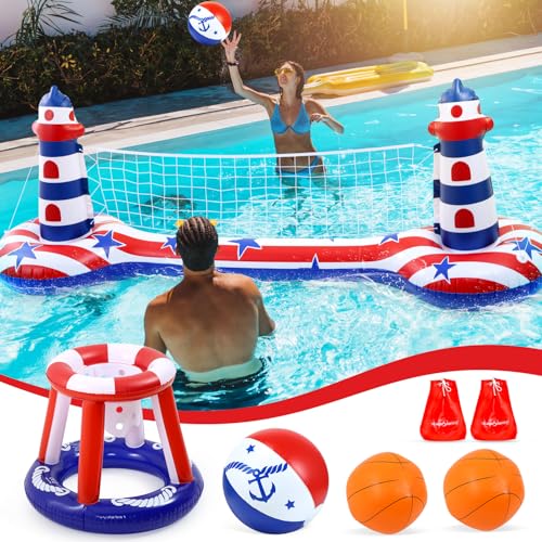 EagleStone Volleyballnetz-Set für Schwimmbad, mit Basketballkorb, aufblasbares Pool-Schwimmset, Volleyballnetz mit amerikanischer Flagge und Basketballkörben von EagleStone