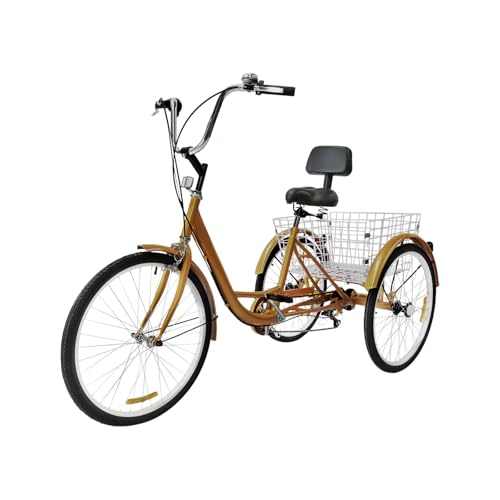 Ealtqund 24 Inch Adult Tricycle - 6 Speed Retro Dreirad with Basket and Rückenlehne 3 Rad Dreirad Fahrrad für Einkäufe, Freizeit und Senioren (Gold) von Ealtqund