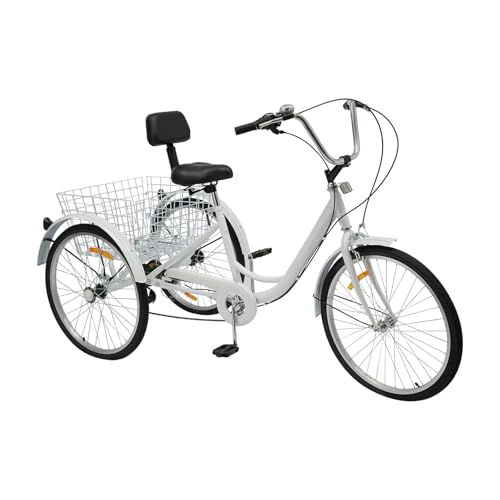 Ealtqund 24 Inch Adult Tricycle - 6 Speed Retro Dreirad with Basket and Rückenlehne 3 Rad Dreirad Fahrrad für Einkäufe, Freizeit und Senioren (White) von Ealtqund