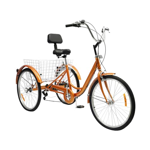 Ealtqund 24 Inch Adult Tricycle - 6 Speed Retro Dreirad with Basket and Rückenlehne 3 Rad Dreirad Fahrrad für Einkäufe, Freizeit und Senioren Gelb von Ealtqund