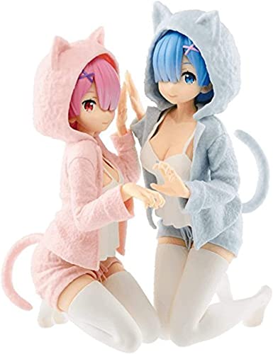 Eamily Re Zero Starting Life In Another World: Rem and Ram Figur Katzenhaltung (2 Stück) (Rosa) von Eamily