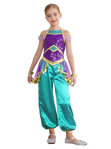 Eandarui Aladin Jasmin Kostüm Kinder Mädchen Arabische Tänzerin Kostüm Pailletten Overall Rüschen Jumpsuit Mit Gold Armbänder Für Fasching Karneval Violett 110-116 von Eandarui