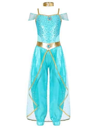 Eandarui Aladin Jasmin Kostüm Mädchen Bauchtanz Outfit Pailletten Glitzer Tanzanzug Tüll Schicht Indische Kleidung Bollywood Für Fasching Karneval Hellblau 134-140 von Eandarui