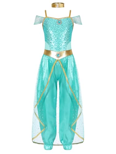 Eandarui Aladin Jasmin Kostüm Mädchen Bauchtanz Outfit Pailletten Glitzer Tanzanzug Tüll Schicht Indische Kleidung Bollywood Für Fasching Karneval Hellgrün 134-140 von Eandarui