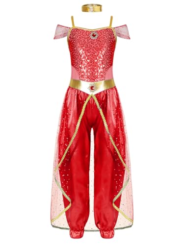 Eandarui Mädchen Bauchtanz Outfit Pailletten Glitzer Tanzanzug Tüll Schicht Indische Kleidung Für Fasching Karneval Rot 110-116 von Eandarui