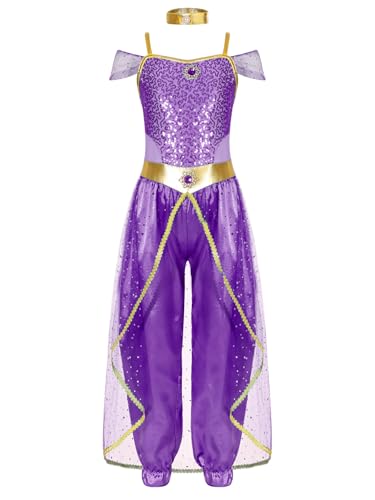 Eandarui Mädchen Bauchtanz Outfit Pailletten Glitzer Tanzanzug Tüll Schicht Indische Kleidung Für Fasching Karneval Violett 110-116 von Eandarui