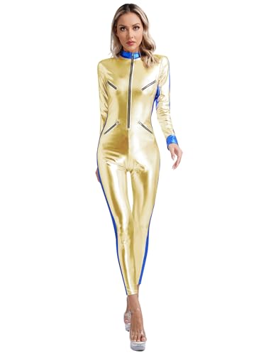 Eandarui Alien Ganzkörperanzug Damen Metallic Body Langarm Glänzend Overall Lang Jumpsuit Stehkragen Astronauten Bodysuit Für Fasching Karneval Gold 3XL von Eandarui