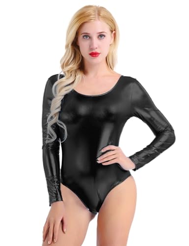 Eandarui Alien Kostüm Damen Body Metallic Glitzer Bodysuit Langarm Overall Rundhals Jumpsuit Holographic Space Outfit Schwarz XL von Eandarui