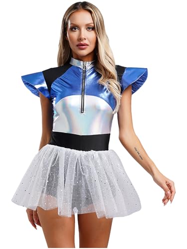 Eandarui Alien Kostüm Damen Kleid Silber Blau Astronauten Kostüm Metallic Glitzer Spacegirl Kleid Mit Tüllrock Fasching Karneval Raumfahrer Anzug Silber L von Eandarui