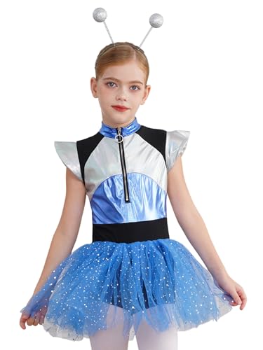 Eandarui Alien Kostüm Kleid Kinder Mädchen Metallic Tanzkkleid Stehkragen Body Fliegenärmel Ballettanzug Mit Tüllrock Alien Stirnband Cosplay Outfit Blau 122-128 von Eandarui