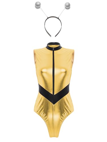 Eandarui Alien Outfit Damen Astronauten Kostüm Metallic Overall Ärmellos Jumpsuit Holographic Bodysuit Mit Alien Stirnband Faschingkostüm Gold M von Eandarui