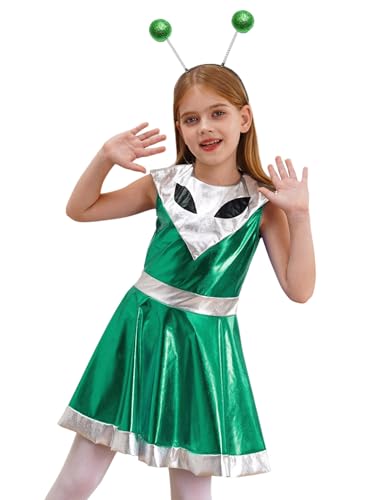 Eandarui Alien Party Outfit Kinder Mädchen Sapce Girl Kostüm Metallic Glitzer Minikleid Alien Augen Muster Partykleid Mit Alien Stirnband Kinderkostüm Grün 110-116 von Eandarui