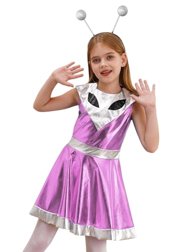 Eandarui Alien Party Outfit Kinder Mädchen Sapce Girl Kostüm Metallic Glitzer Minikleid Alien Augen Muster Partykleid Mit Alien Stirnband Kinderkostüm Rosa 122-128 von Eandarui