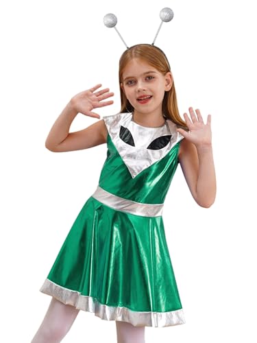 Eandarui Alien Party Outfit Kinder Mädchen Sapce Girl Kostüm Metallic Glitzer Minikleid Alien Augen Muster Partykleid Mit Alien Stirnband Kinderkostüm Silber 110-116 von Eandarui