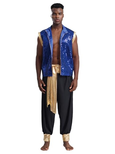 Eandarui Arabischer Prinz Kostüm Herren Ärmellos Satin Weste High Waist Haremshose Mit Golden Gürtel Indische Orientalische Outfits Faschingkostüm Blau Schwarz L von Eandarui