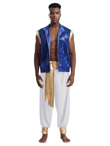 Eandarui Arabischer Prinz Kostüm Herren Ärmellos Satin Weste High Waist Haremshose Mit Golden Gürtel Indische Orientalische Outfits Faschingkostüm Blau Weiss L von Eandarui