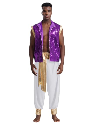 Eandarui Arabischer Prinz Kostüm Herren Ärmellos Satin Weste High Waist Haremshose Mit Golden Gürtel Indische Orientalische Outfits Faschingkostüm Lila & Weiß 3XL von Eandarui